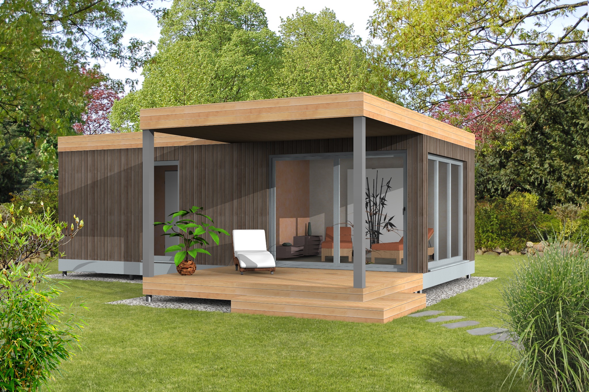 Visualisierung der Wellness-Lodge als kleiner Hausentwurf